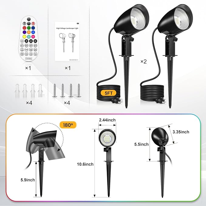20W RGBW Spot Lights Outdoor, IP66 Color Changing Spotlights, 2 Pack | 1880LM, 10 colors, 30 modes, 6 brightness,remote timer & memory. Ideal for Christmas, Halloween, yard, garden, and pathway