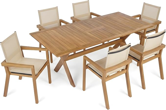 Christopher Knight Home Ronna 7 Piece Acacia Wood Outdoor Dining Table Set for 6, Extendable Dining Table and 6 Patio Chairs with Mesh Back & Seat, Wooden Outdoor Patio Furniture Set, Teak + Beige