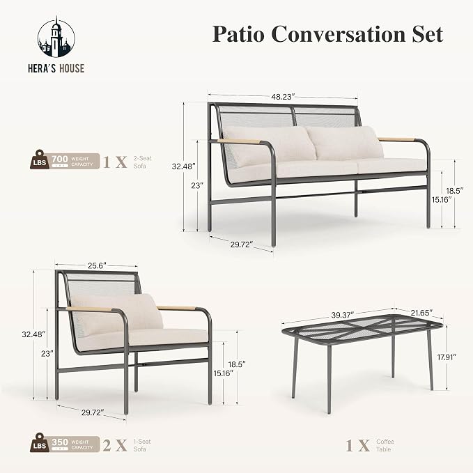 HERA'S HOUSE Patio Furniture Set, 4 Pieces Outdoor Furniture Set with 6.7'' Thick Cushions, All-Weather Patio Conversation Set with Coffee Table for Backyard, Poolside, Deck-Beige