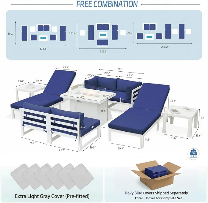NICESOUL Extra Large Luxury Aluminum Outdoor Sectional Sofa with Chaise, Weather Resistant Modular Patio Furniture Set for 6 People, 500 lbs Heavy Duty Conversation Couch for Poolside Deck, Navy Blue