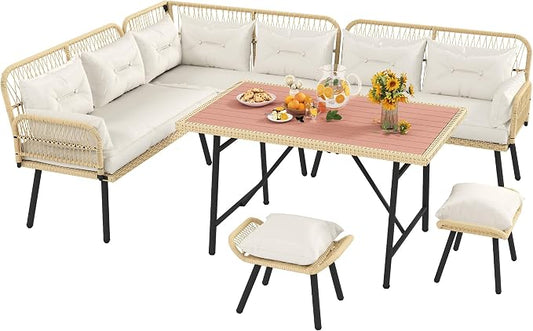 YITAHOME 9PCS Wicker Patio Furniture Set with Ottomans & Plastic Wood Dining Table, Modular Outdoor Sectional Sofa, All-Weather Rattan Sofa with Soft Cushions for Deck Backyard (Light Brown+Beige)