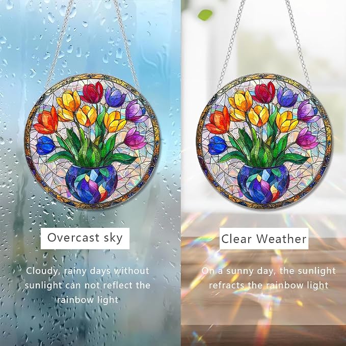 Acrylic Suncatcher Window Hanging, Tulip Flower Sun Catcher Rainbow Indoor Window Decoration for Living Room Bedroom Summer Home Balcony Ornaments, 7.87 inches