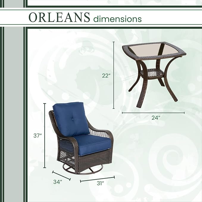 Hanover Orleans 3-Piece Patio Conversation Set with 2 Gray Wicker Swivel Rockers, Heather Gray Cushions, and Glass Top Square Table, Outdoor Bistro Set 3-Piece