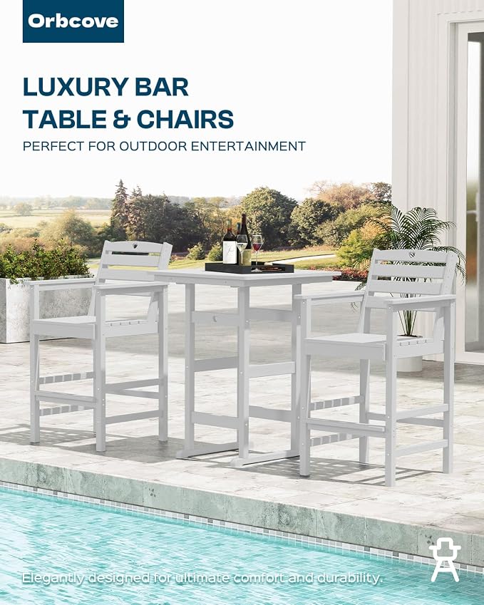Patio Bar Table,Adirondack Chairs and Table 3 Pieces Set, Bar Height Chairs Set of 2 and Bar Table, Outdoor Bar Stools Set,Weather-Resistant Outdoor Furniture for Deck, Balcony, Poolside Easy Assembly