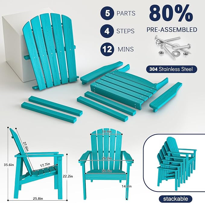 nevilywood Compact Stackable Adirondack Chairs,All Weather HDPE,380lb,Aruba | 26.3" Wide HDPE.All-Weather Outdoor.Maintenance-Free.Stackable for Storage.25°Curved Straight Backrest.Quick Assembly