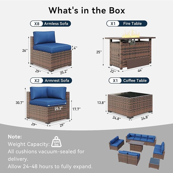LazySunsets 12 Piece Outdoor Patio Furniture Set with 44'' Fire Pit Table, Outdoor Patio Furniture Sets with 4'' Thicken Cushion, Wicker Rattan Outdoor Conversation Set for Backyard, Blue