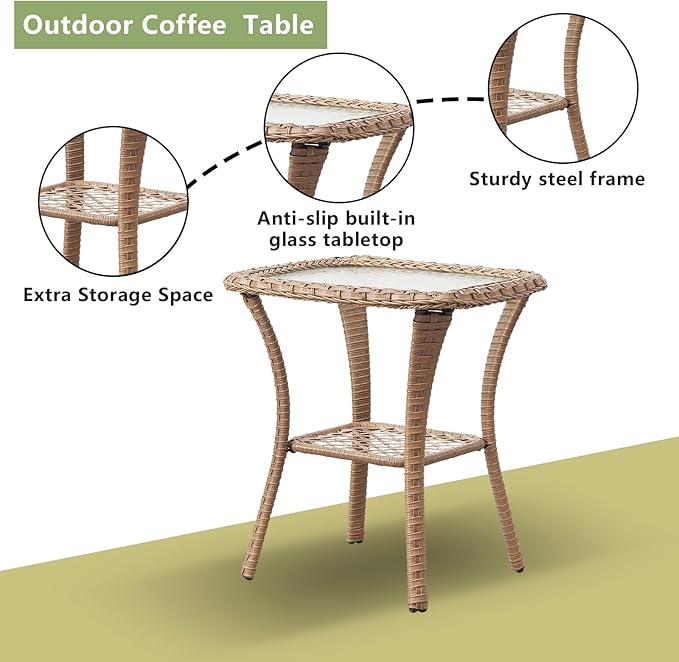 Rilyson Patio Tables Wicker Side Table - Rattan Coffee Tables with Glass Top End Table for Outdoor Outside Patio Porch Square Yellow