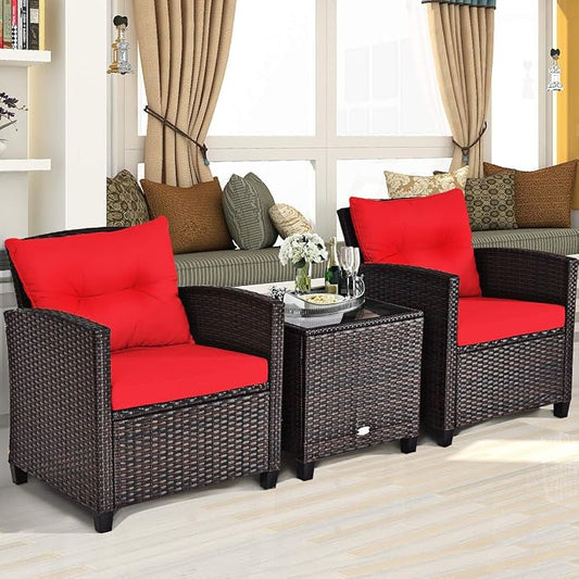3 Pieces Wicker Patio Furniture Set, Outdoor Sofa Set with Water-Resistant Cushion & Tempered Glass Table, Outdoor Conversation Set Bistro Set for Garden, Balcony, Poolside(Red)
