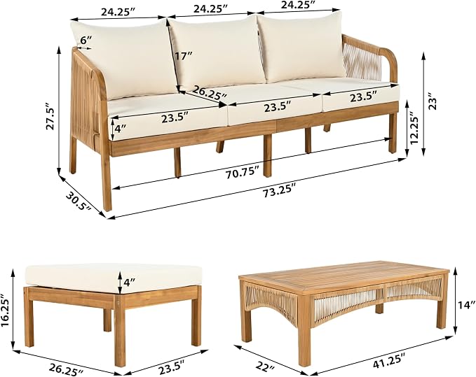 Christopher Knight Home Havets 3 Pieces Acacia Wood Patio Furniture Set, Faux Rattan Sofa and Coffee Table, Outdoor Conversation Sets with 6" Thick Cushions for Backyard Garden Balcony, Teak+Beige