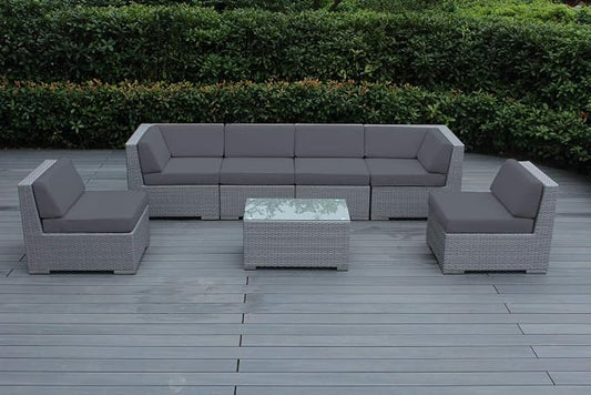 Ohana Depot 7-Piece Outdoor Patio Furniture Sectional Conversation Set, Gray Wicker with Gray Cushions - No Assembly with Free Patio Cover