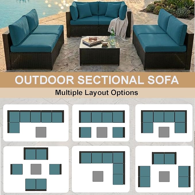KIGOTY 7-Piece Patio Furniture Set, All-Weather PE Rattan Outdoor Sectional Sofa, Modular Wicker Conversation Set with Thick Cushions & Easy-Clean Coffee Table（Black/Blue）