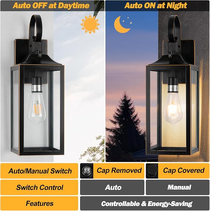 19" Dusk to Dawn Outdoor Lighting Porch Lights Black with Gold Trim 2 Pack | Large Outdoor Wall Lights, Sensor Exterior Lighting Fixtures, Toughened Glass, E26 Socket, Waterproof for House Garage