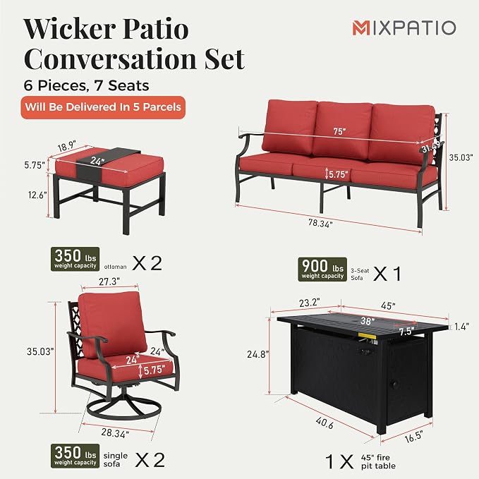 MIXPATIO Patio Furniture Set, 6 Pcs Metal Outdoor Conversation Set, 2 Swivel Chairs, 2 Ottomans and 3 Seater Sofa with 5.75" Extra Thick Cushion and Gas Fire Pit Table, Red