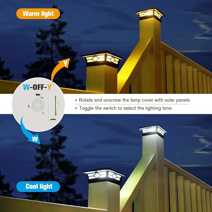 Solar Post Cap Lights Outdoor 8pack, Waterproof Solar Powered Deck Fence Post Lights for 4x4 Wood/Vinyl Posts, Solar Outdoor LED Light with Cool/Warm Lighting (Black, 8pack)