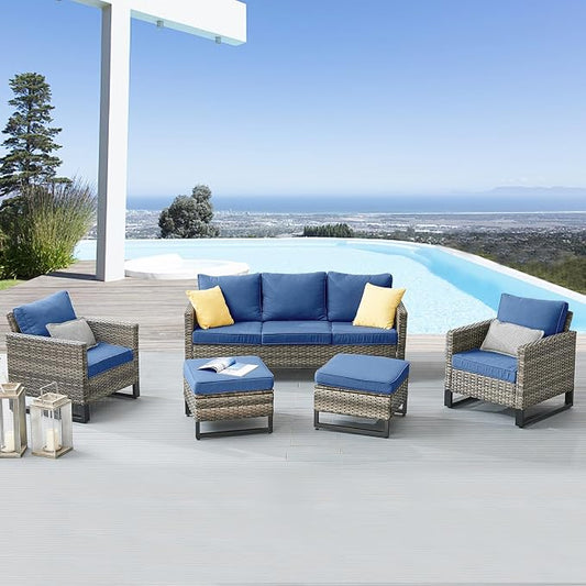 Belord Wicker Patio Furniture 5 Piece Outdoor Sofa Set, Oversize Outdoor Dining Chairs with Rattan Ottomans, Conversation Sets Patio Furniture Come with Removable Washable Cushion Blue