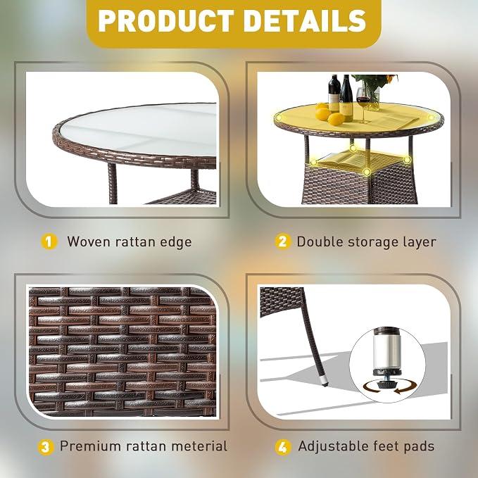 Outvita 31.5" Patio Rattan Dining Table, Frosted Glass Tabletop, Waterproof & Rustproof, Double-Layer Storage, Adjustable Feet, Elegant Brown Outdoor Table, Fits 4-Person Dining