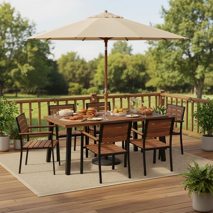 Tangkula 67.5 Inch Acacia Wood Outdoor Dining Table for 6, Patio Table with with Umbrella Hole & Metal Legs, Indoor & Outdoor Rectangular Table for Garden Park Poolside Porch