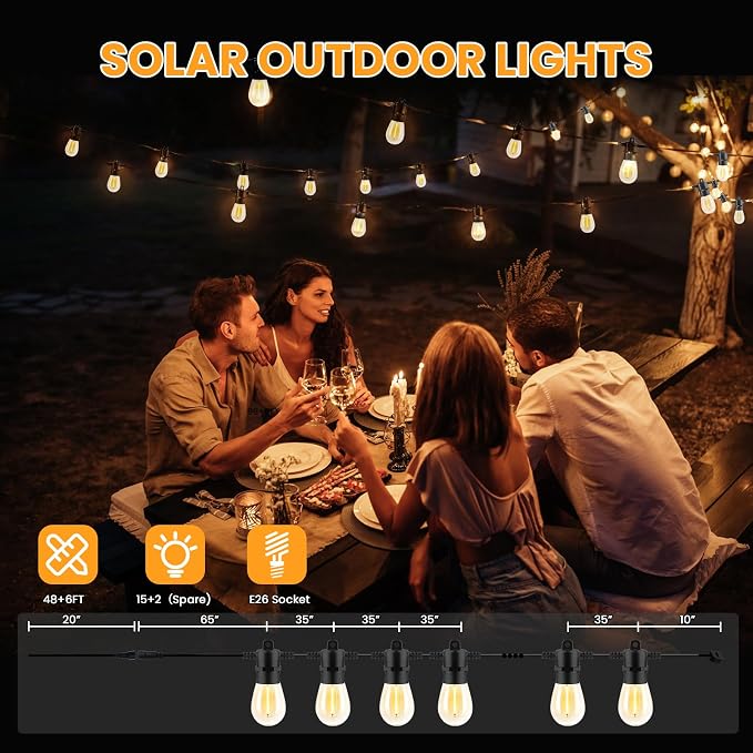 Yusist 104FT(98+6) Solar String Lights Outdoor Waterproof, Solar Powered Patio Light with 30+2 Dimmable S14 Edison Bulbs Shatterproof & Remote Control, Solar String Lights for Outside Garden Backyard