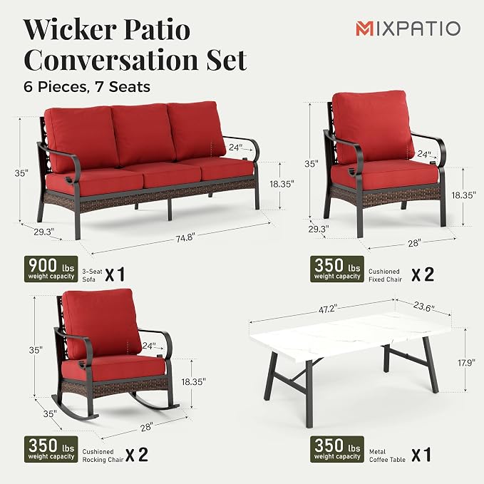 MIXPATIO Patio Furniture Set with Coffee Table, Outdoor Conversation Set with 2 x Fixed Chairs, 2 x Rocking Chairs, 1 x 3-Seat Sofa for Lawn Garden Backyard, Red