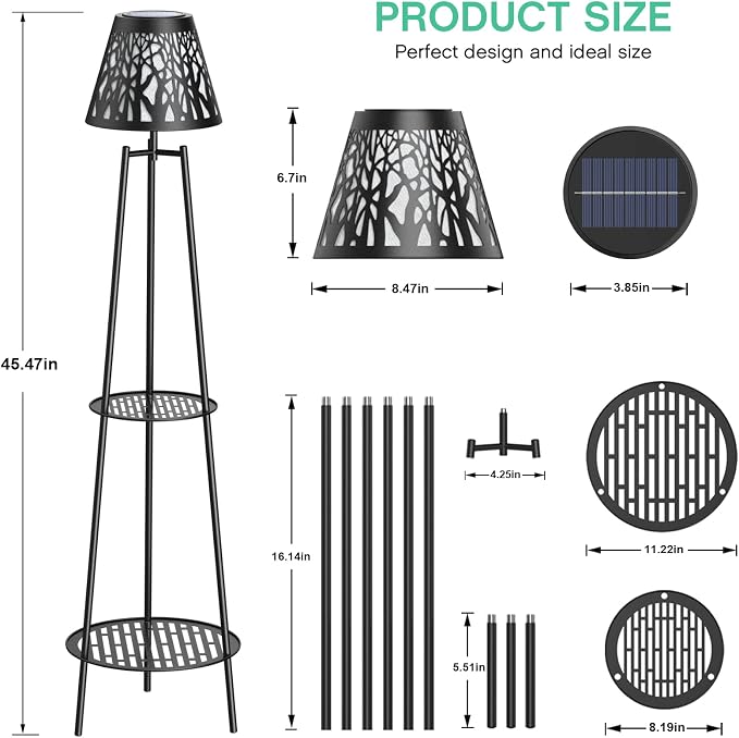 2 Pack Solar Floor Lamps Outdoor with 2-Tier Plant Stand, Metal Tall Planter Holder with Waterproof LED Lantern, Decorative Patio Light & Flower Pot Display Rack for Garden, Deck, Porch, Balcony