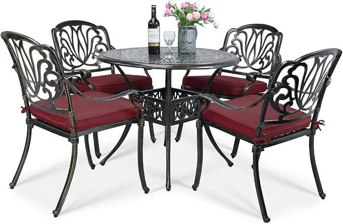 VIVIJASON 5-Piece Outdoor Patio Dining Set, All-Weather Cast Aluminum Conversation Set, Patio Furniture Set for Backyard, Include 4 Cushioned Chairs, a 35.4" Round Table w/Umbrella Hole, Red Cushion