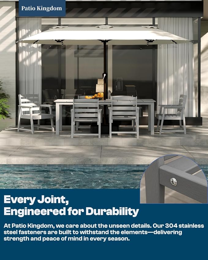 7-Piece Outdoor Dining Set with 11FT Umbrella for 6,Gray | 75.2'' HDPE table, chairs included, weather-resistant furniture with hole, ideal for lawn, poolside, yard, garden, deck
