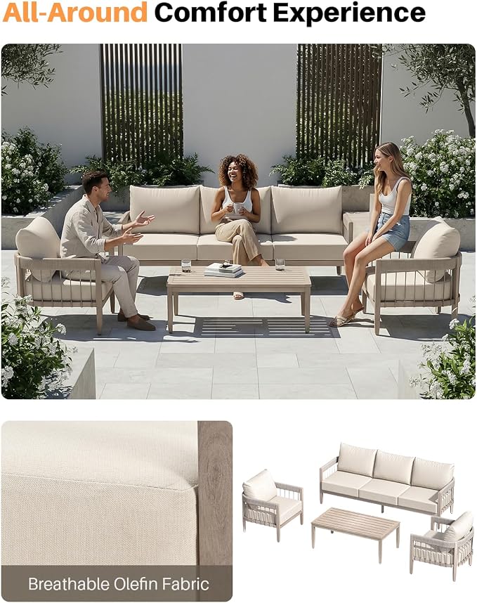 4-Piece Patio Furniture Set, Never-Rust Aluminum Patio Conversation Set, Outdoor Sofa Set with Faux Wood Grain Finish, Rope Weave Patio Sofa Set with Coffee Table for Backyard, Poolside, Deck