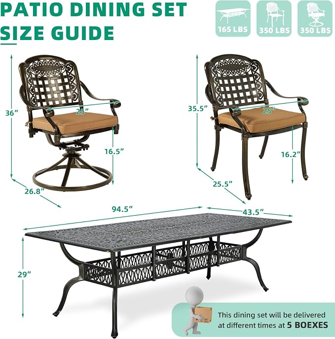 VIVIJASON 9-Piece Outdoor Dining Set, Cast Aluminum Patio Table & Chair Furniture Set for 8, Include 94.5" Rectangular Table, 2 Swivel Rocker Chairs, 6 Stationary Chairs, Umbrella Hole, Khaki Cushion