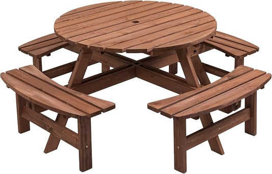 Thanaddo 8-Person Outdoor Circular Wooden Picnic Table, Camping Dining Table w/ 4 Built-in Benches, Outside Table Set with Umbrella Hole, 2220lb Capacity for Garden Patio Backyard - Brown
