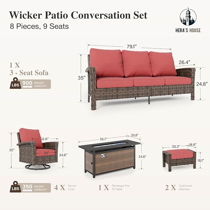 HERA'S HOUSE 8-Piece Patio Furniture Set with Swivel Chairs & Fire Pit, Outdoor High Back Wicker Conversation Sets with 5.5" Thick Cushions, All-Weather Deep Seating Sofa with Ottomans, Red