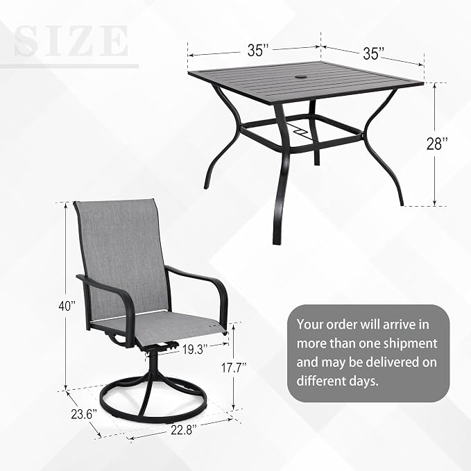 Anmutig 5-Piece Outdoor Dining Set, 35" Square Table with 4 Swivel Chairs, All Weather Frame Furniture Set, Grey