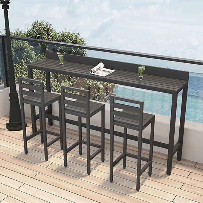 Outdoor Bar Table, Patio Pub Height Table with Anti-Fall Baffle, All-Weather Bar Height Counter Table, Narrow Dining Table for Hot Tub, Garden & Backyard(Color:Black+Black,Size:L-55.1in)