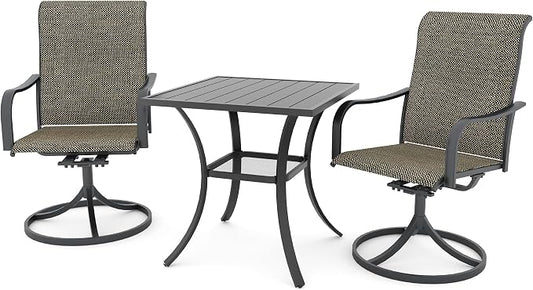 Anmutig 3-Piece Outdoor Patio Dining Set, 27.5" Square Table with 2 Swivel Rocking Patio Chairs Furniture Set for Kitchen Garden, Backyard, Light Tan