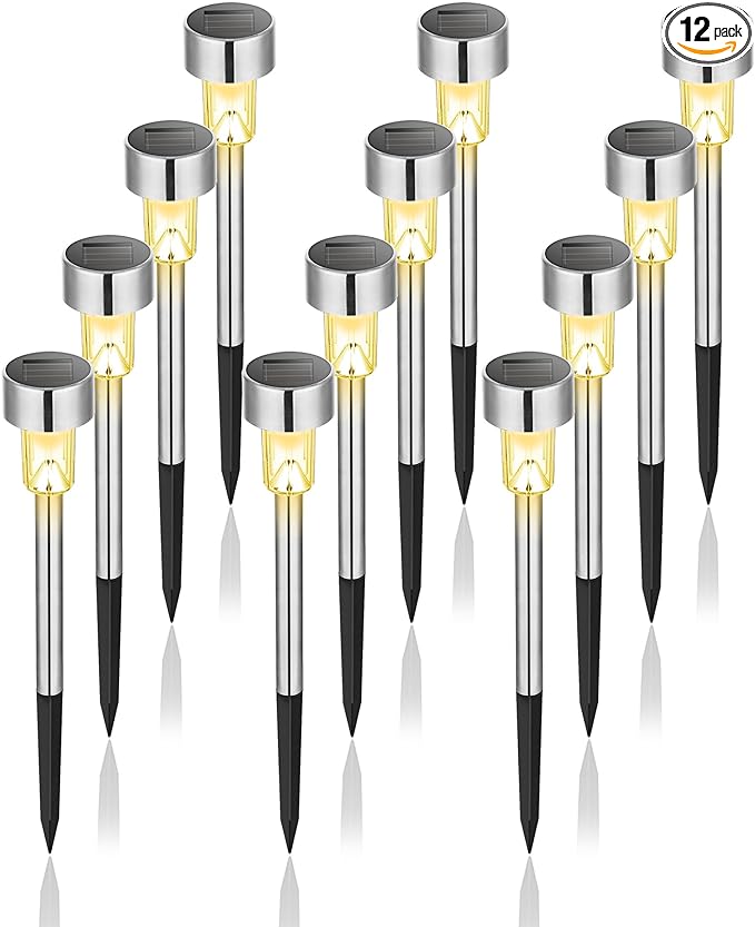 GIGALUMI Outdoor Waterproof Solar Garden Lights, 12 Pack Warm White | Stainless Steel LED, Warm White Glow, Ideal for Patio Lawn Yard Landscape, Garden & Patio Decor