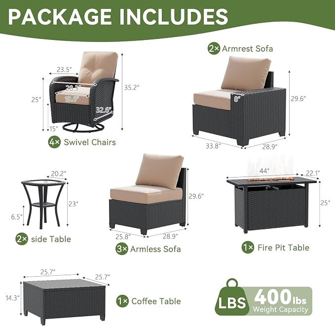 LazySunsets 13 PCS Patio Furniture Set with 44'' Fire Pit Table, Outdoor Sectional All-Weather Wicker Conversation Set with Swivel Rocker Chairs, 4'' Thick Cushions for Backyard Poolside(Cream/Black)