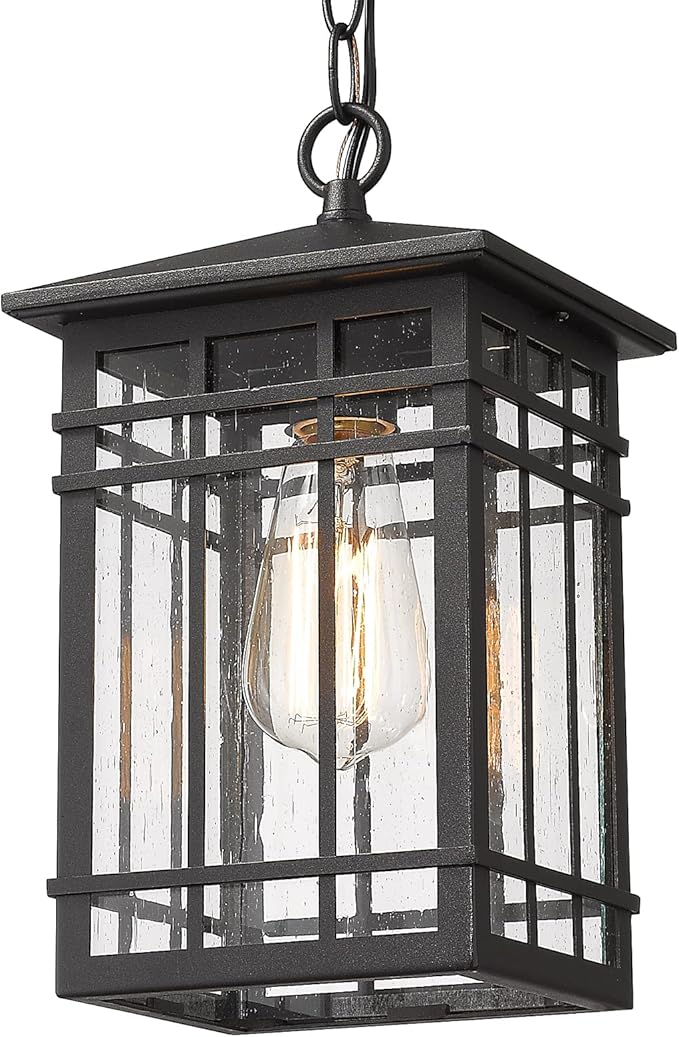 Outdoor Pendant Lighting, Exterior Pendant Lantern, Farmhouse Porch Hanging Lantern Lights with Seeded Glass in Black Finish, Outdoor Pendant Lamp for Front Porch, Entryway, Patio, Gazebo