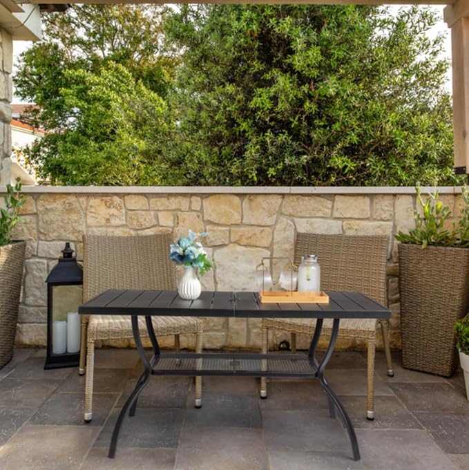 Dulce Domi Rectangle Patio Table, 66"x38" Outdoor Dining Table W/ 1.5" Umbrella Hole, Outdoor Table for Family Party, Metal Dining Table for Backyard Max Weight 160Lbs