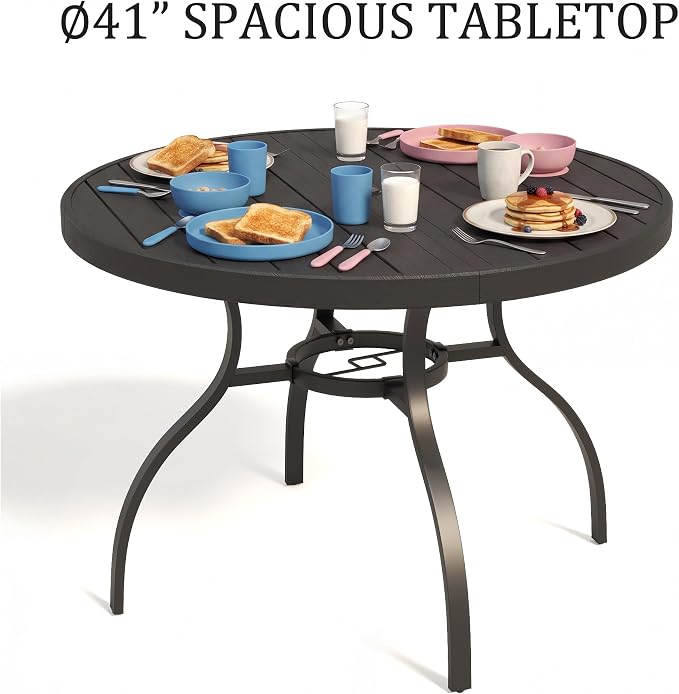 41” Patio Outdoor Dining Table, Wood-Grain Patio Round Table with Umbrella Hole, All-Weather Metal Dining Table for Party, Lawn & Garden