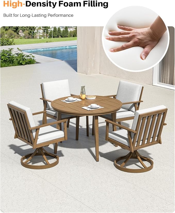 5-Piece Round Outdoor Dining Set, Never-Rust Aluminum Outdoor Table and Chairs Set, 41" Round Dining Table with 2 Swivel Dining Chairs, Modern Patio Dining Set for Garden, Deck, Yard, Teak