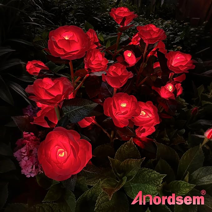 Anordsem Solar Garden Lights Outdoor: 10 Waterproof Fabric Roses 2 Pack - Red LED Flower Decorations for Yard Patio Path Cemetery Grave - Mother’s Day Gift for Her Women Mom Wife