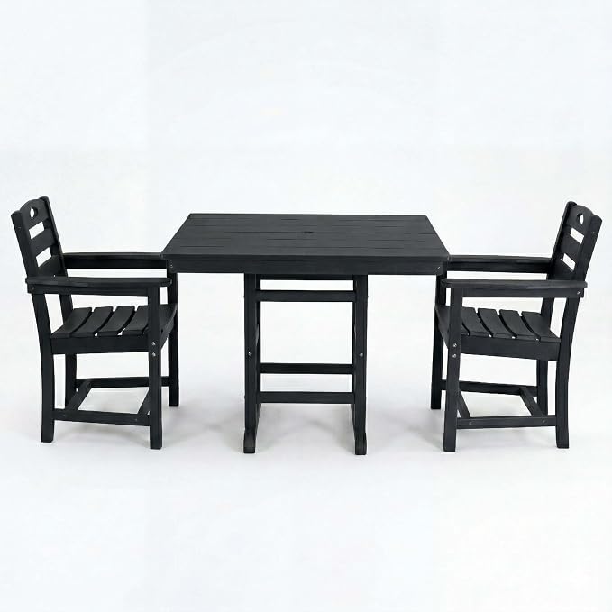 WILLIAMSPACE 37.8" Outdoor Patio Dining Set with 2 Armchairs, All Weather HDPE Square Dining Table with Umbrella Hole, Patio 3-Piece Bistro Set for Backyard, Balcony, Lawn, Kitchen (Black)