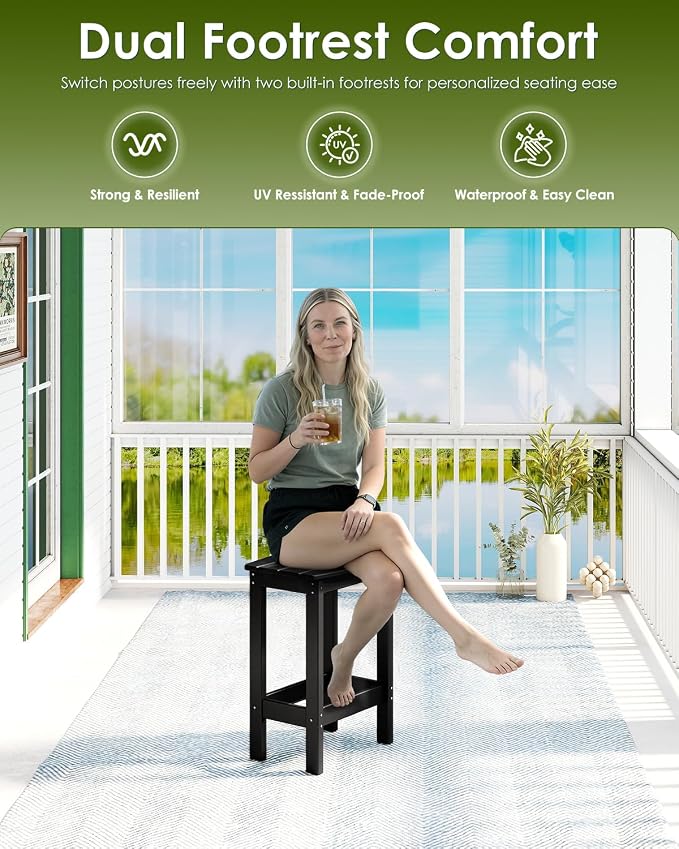 GREENVINES Outdoor-Bar-Stools-Set-of-2 | Patio Counter Height Backless Barstools | HDPE Plastic | 18" W x 13.5" D x 25" H | Chairs for Backyard Balcony Poolside | Black