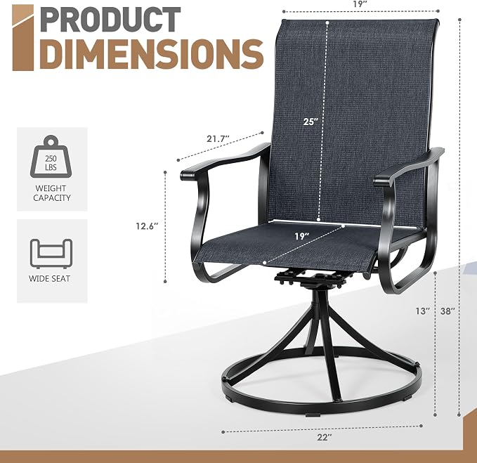SUNCROWN 8-Piece Outdoor Dining Set, All Weather Patio Furniture Sets with 6 Black Swivel Textilene Mesh Chairs & Rectangular Metal Table & 1 Brown 9Ft Umbrella for Garden Backyard Poolside