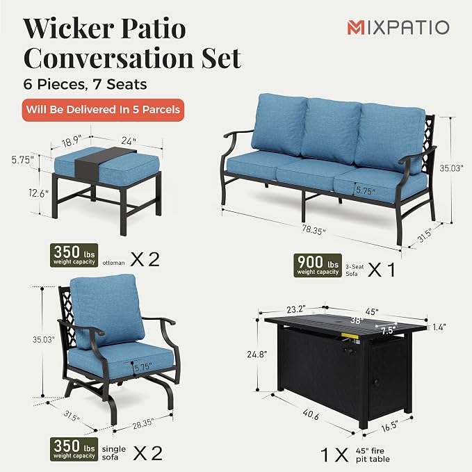 MIXPATIO Patio Furniture Set, 6 Pcs Metal Outdoor Conversation Set, 2 Rocker Chairs, 2 Ottomans and 3 Seater Sofa with 5.75" Extra Thick Cushion and Gas Fire Pit Table, Navy Blue