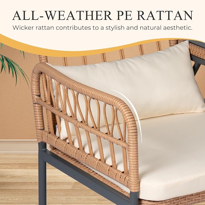 PROHIKER ROHIKER Outdoor Patio Loveseat Rattan Loveseat 2-Seat Furniture with Built-in Table, Lumbar Pillows and Cushions, All-Weather Small Patio Couch for Balcony, Lawn, Backyard