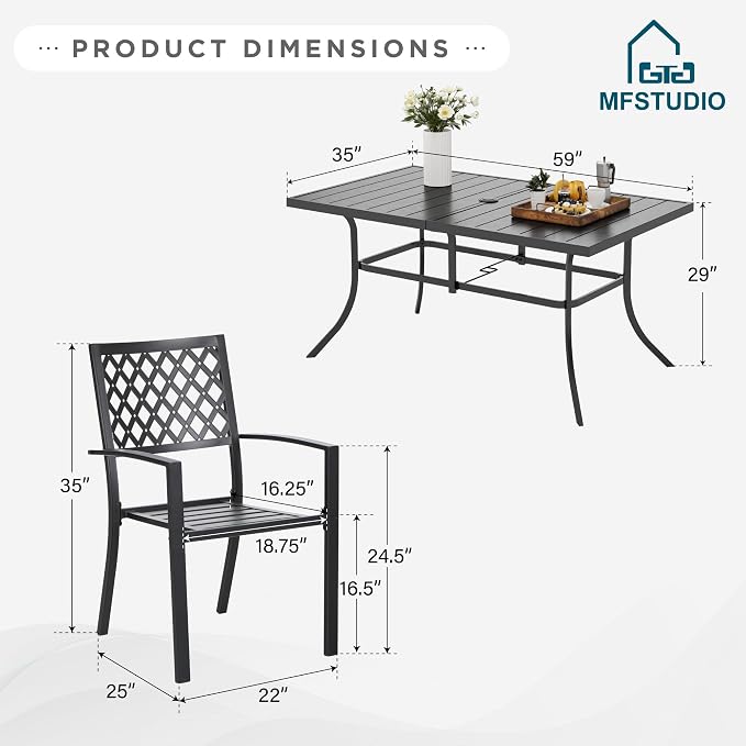 MFSTUDIO Outdoor Dining Set for 6 w/Umbrella Hole | Metal Patio Table and Chairs Set with Umbrella Hole,Perfect for Deck Backyard Poolside Garden