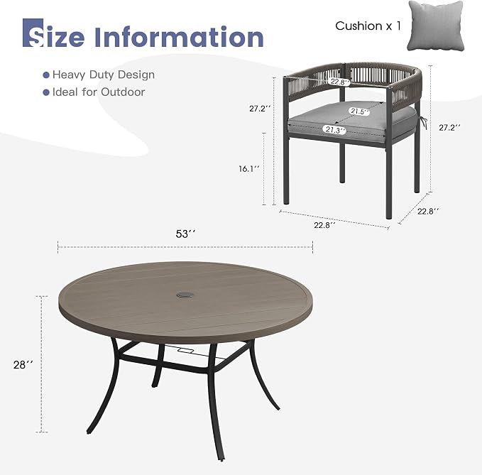 VICLLAX Patio Dining Set, 53" Grey Table & 6 Chairs with Grey Cushion | Outdoor Table and Chairs Set of Round Metal Patio Table, Outdoor Dining Chairs with Metal Frame, Garden Deck Porch