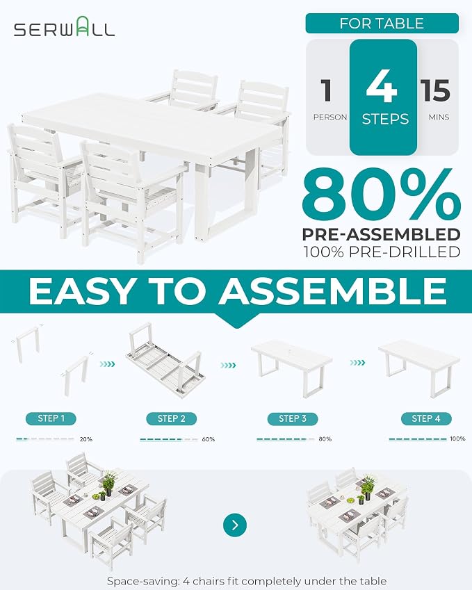 SERWALL HDPE Outdoor Dining Set for 4, 67'' Patio Table and Chairs Set | with Armchair Seat