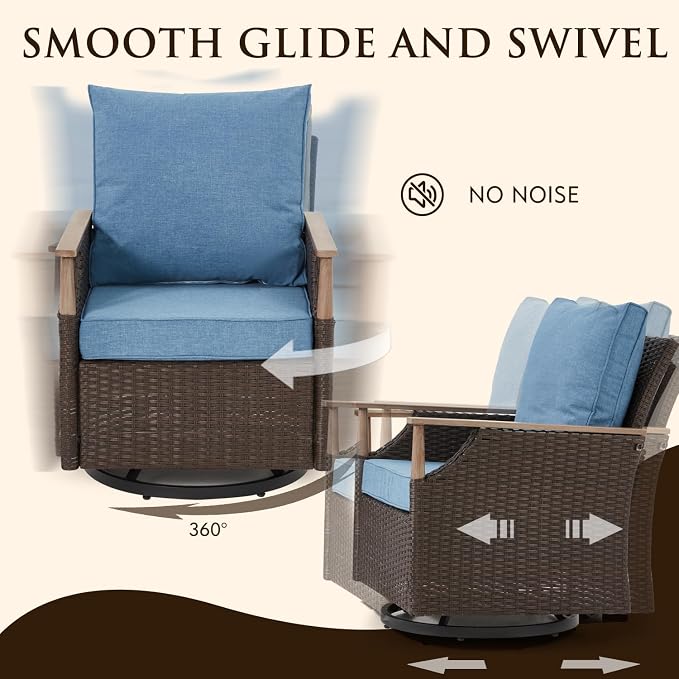MELLCOM Patio Swivel Glider Rocker Chairs Set Wicker 5 Piece Patio Furniture Set Rocking Bistro Set with Tempered Glass Side Table and 2 Ottoman, for Backyard Garden Patio Porch (Blue, 5pcs)