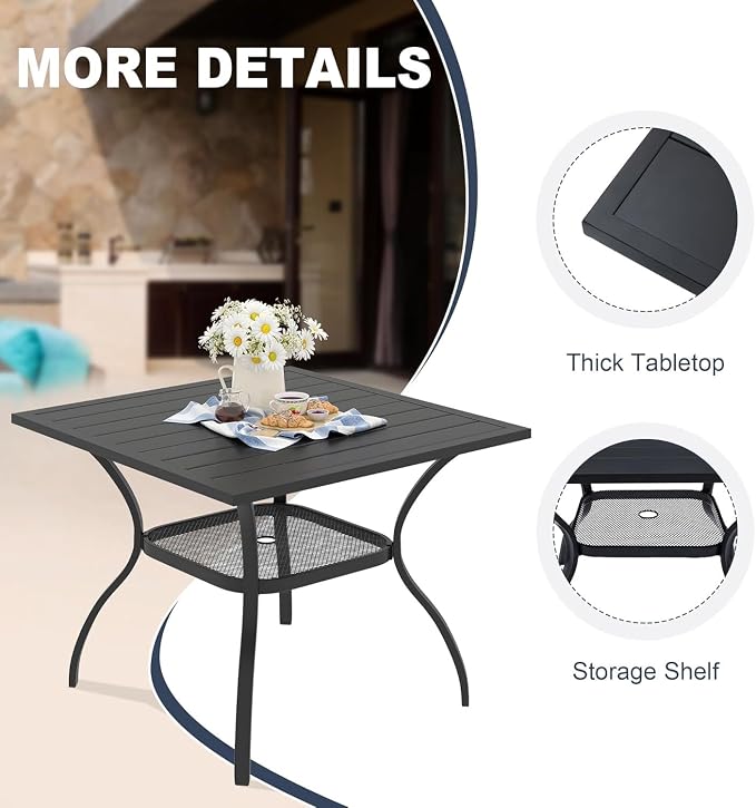 VICLLAX 5 Pieces Patio Outdoor Dining Set, 38" Square Metal Dining Table with Umbrella Hole and 4 Stackable Textilene Chairs for Patio, Lawn, Garden, Porch, Black/Dark Blue
